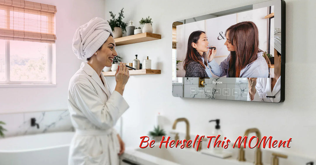Mom smiling while applying lipstick in front of Sylvox Bathroom TV's anti-fog mirror screen displaying makeup tutorials