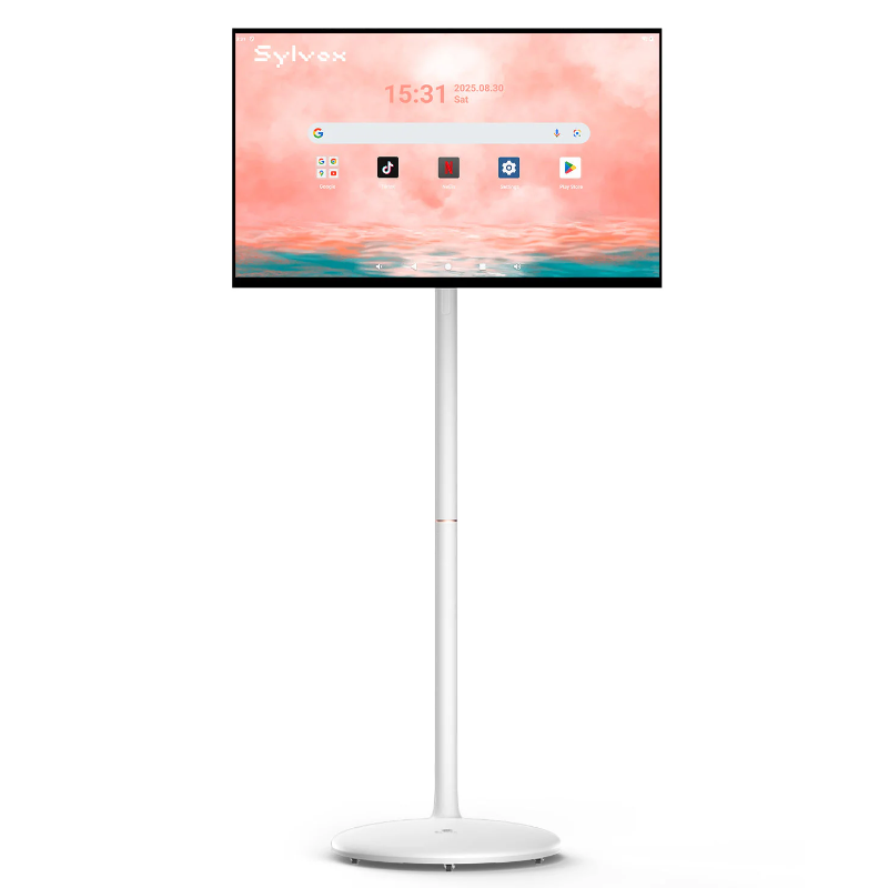 27" Portable Standing TV on Wheels, Battery-Powered Smart TV with Touchscreen