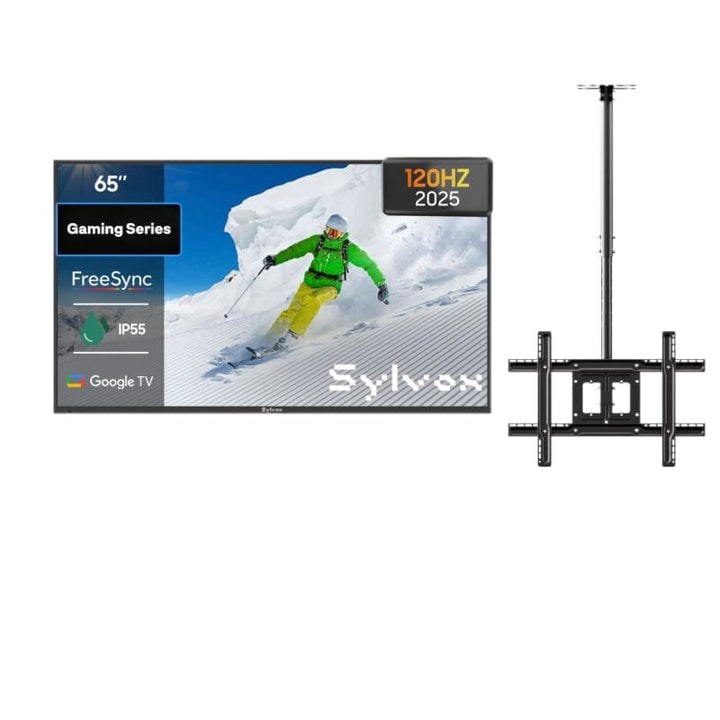 65 inch outdoor gaming TV with ceiling mount, weatherproof television for patio and backyard