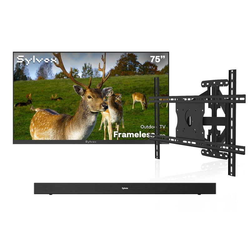 75" Frameless Pro Full Sun Outdoor TV with Wall Mount & S2 Outdoor Soundbar